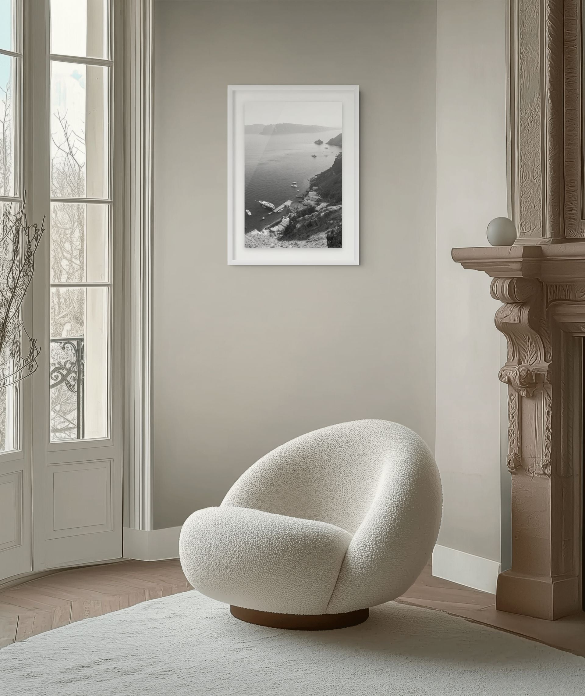 Black & White Santorini Fine Art Print of Armeni Bay, Oia in a white frame with passe-partout