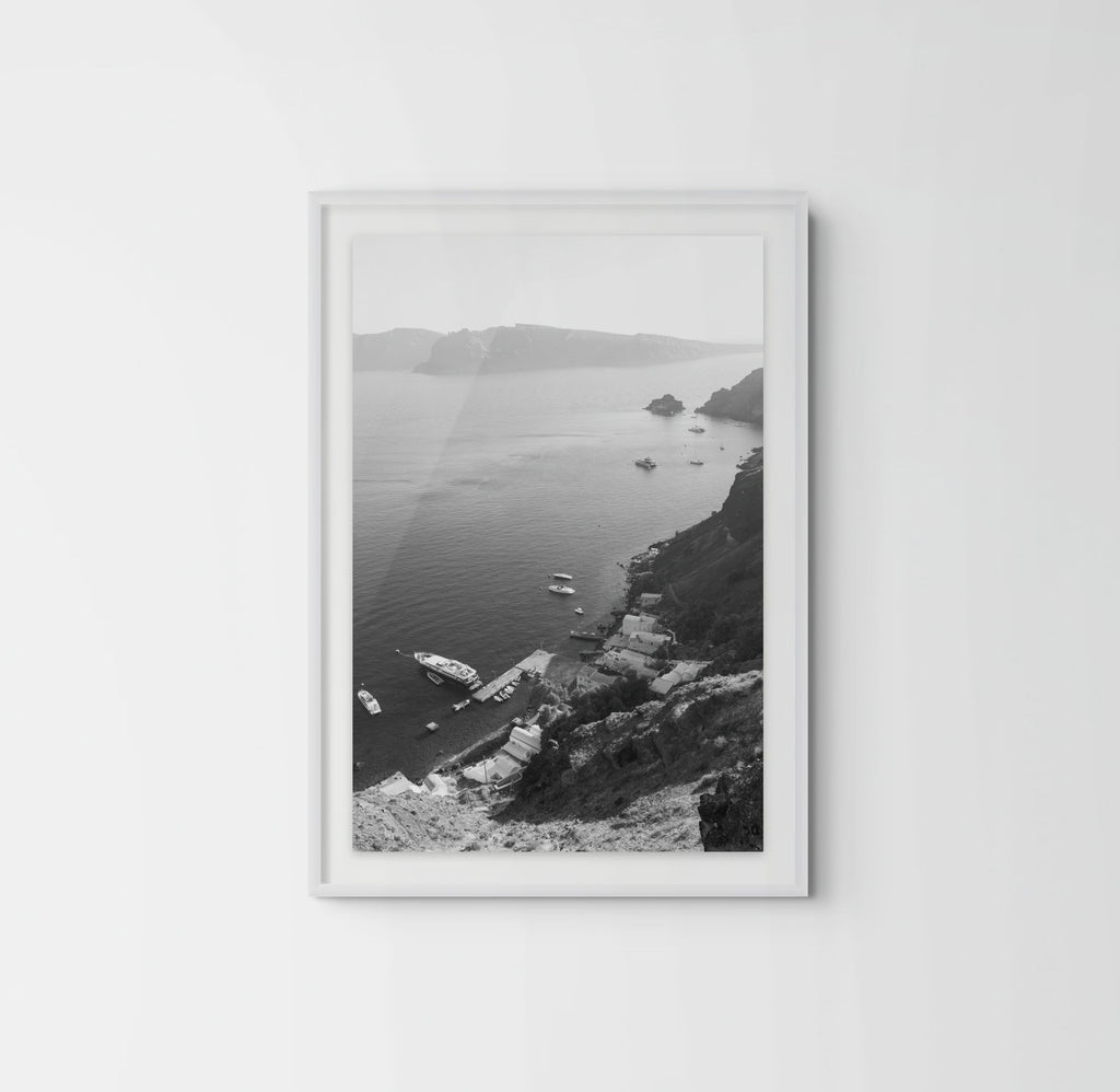 Black & White Santorini Fine Art Print of Armeni Bay, Oia in a white frame with passe-partout