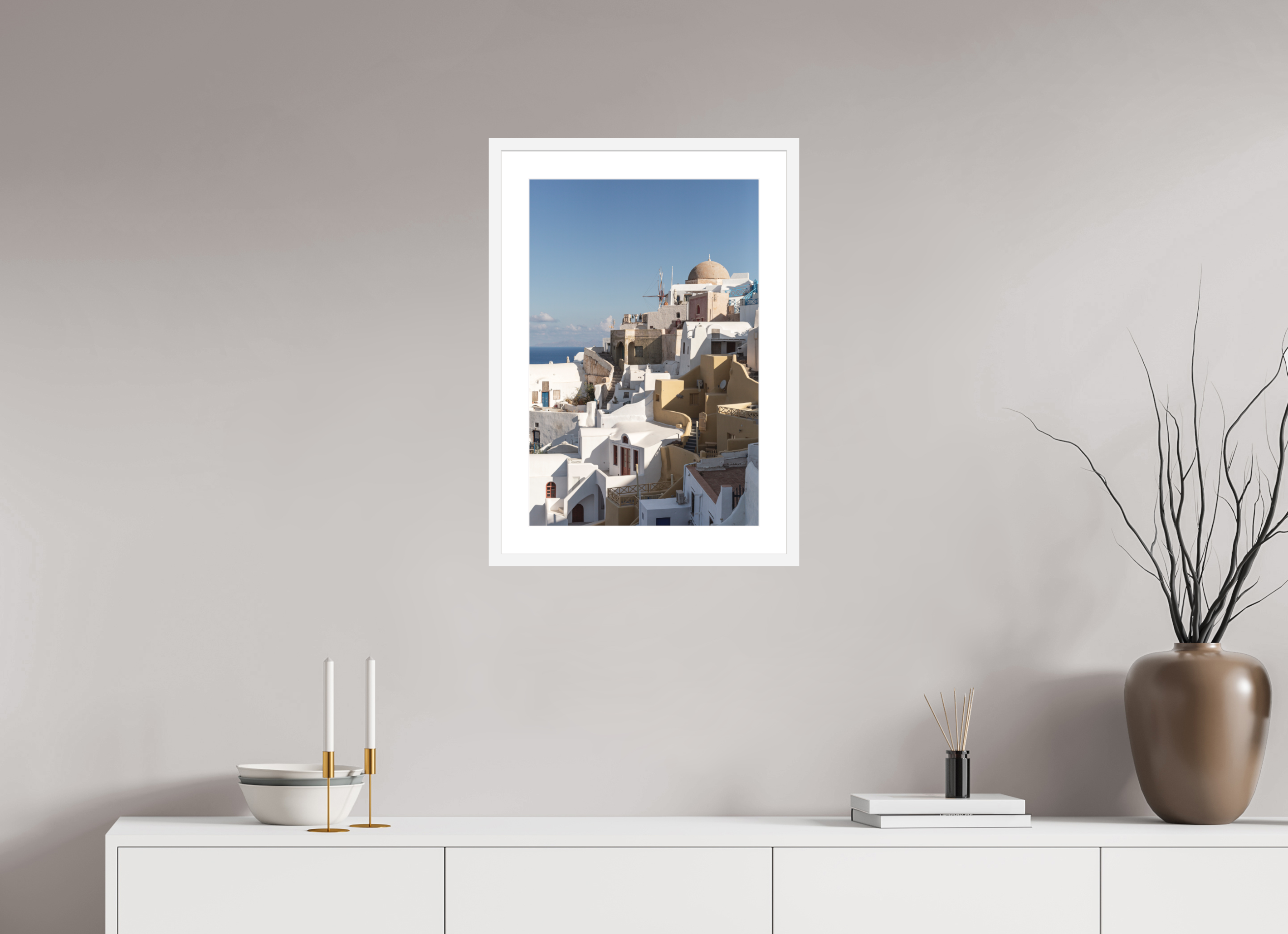 40 x 60 cm, Framed Fine Art Print – White Frame Oia Windmills | Santorini Fine Art Print