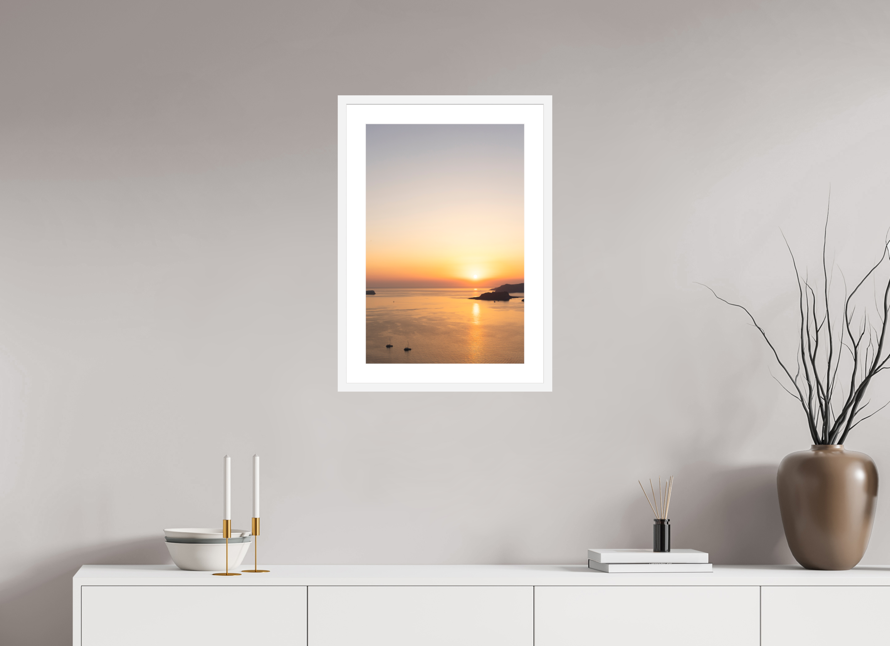 40 x 60 cm, Framed Fine Art Print – White Frame Golden Horizon | Santorini Fine Art Print