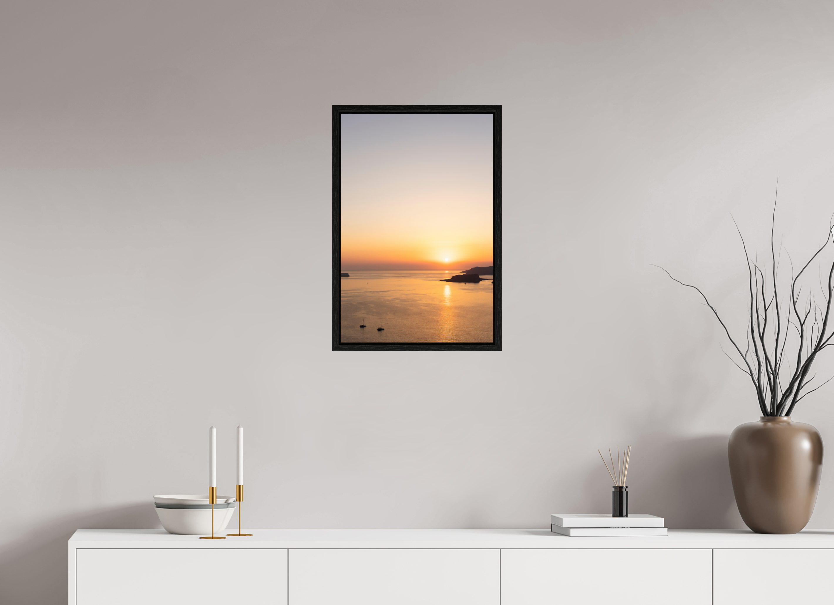 40 x 60 cm, Floater Frame Golden Horizon | Santorini Fine Art Print