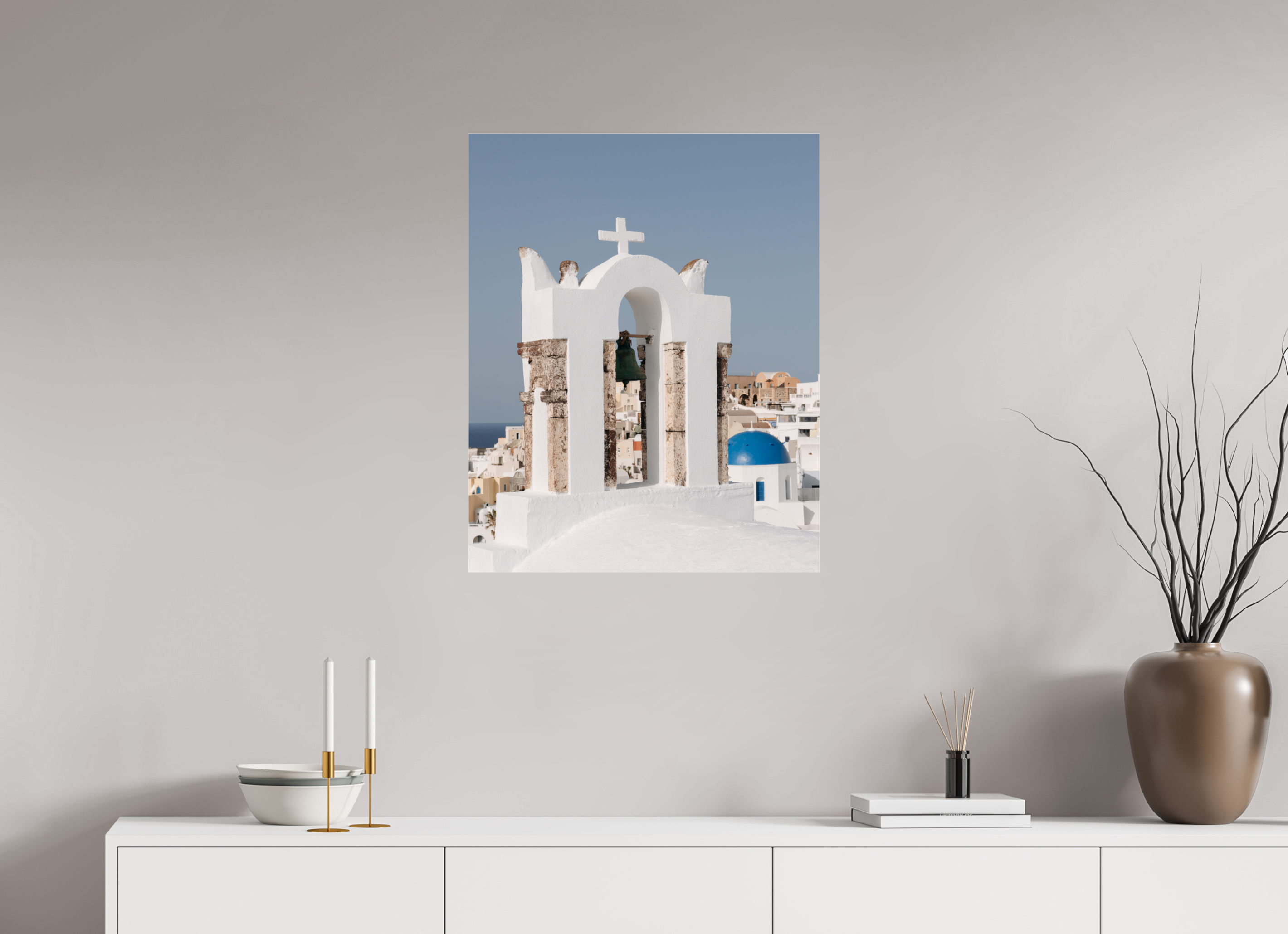 60 x 75 cm, Photo Print Under Acrylic Glass Bell Tower & Blue Dome | Santorini Fine Art Print