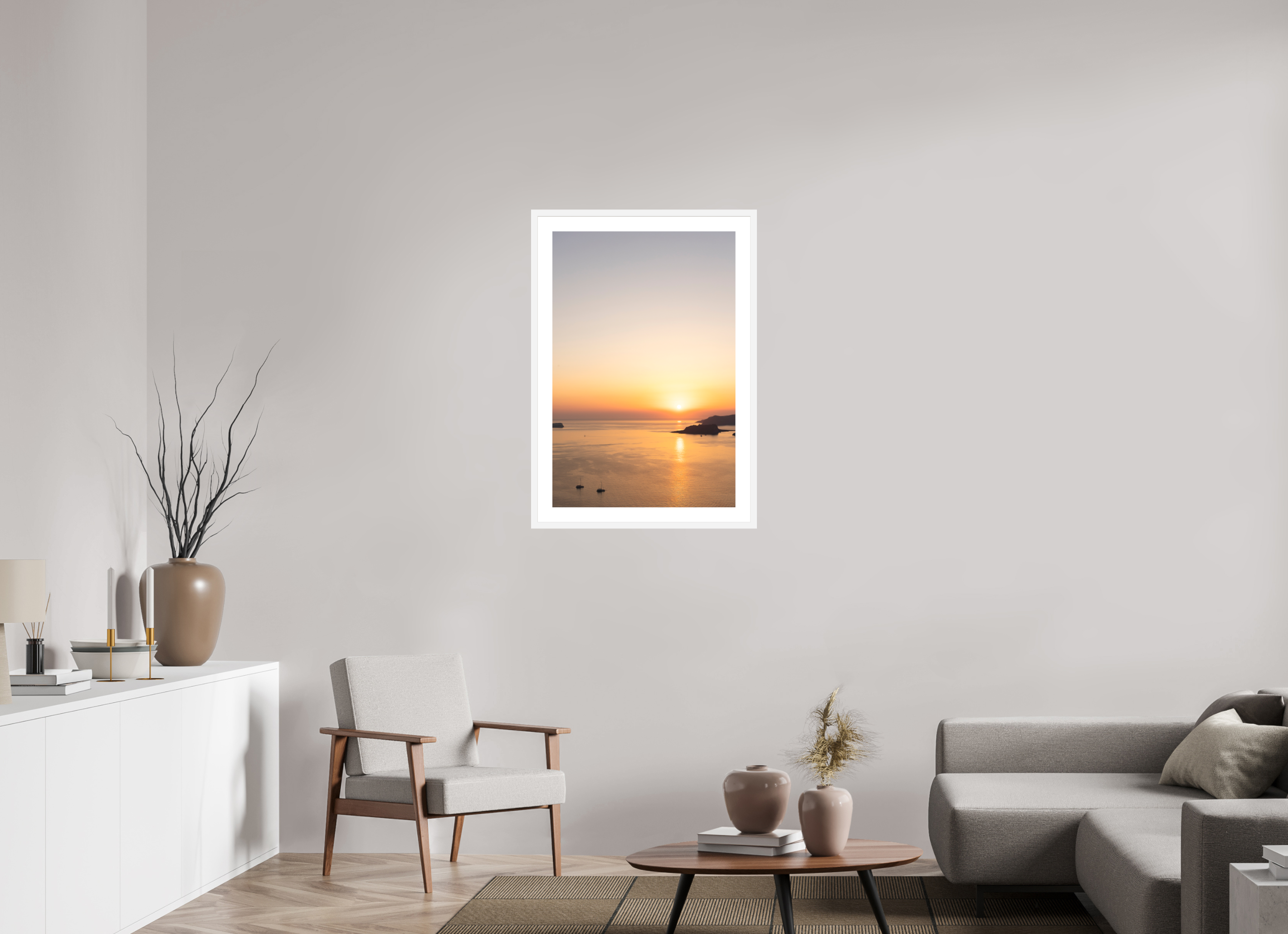 60 x 90 cm, Framed Fine Art Print – White Frame Golden Horizon | Santorini Fine Art Print