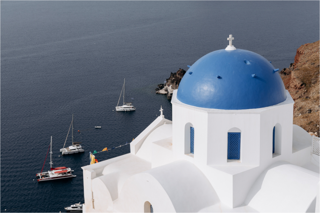 Main image Blue Dome & Sailboats | Santorini Fine Art Print