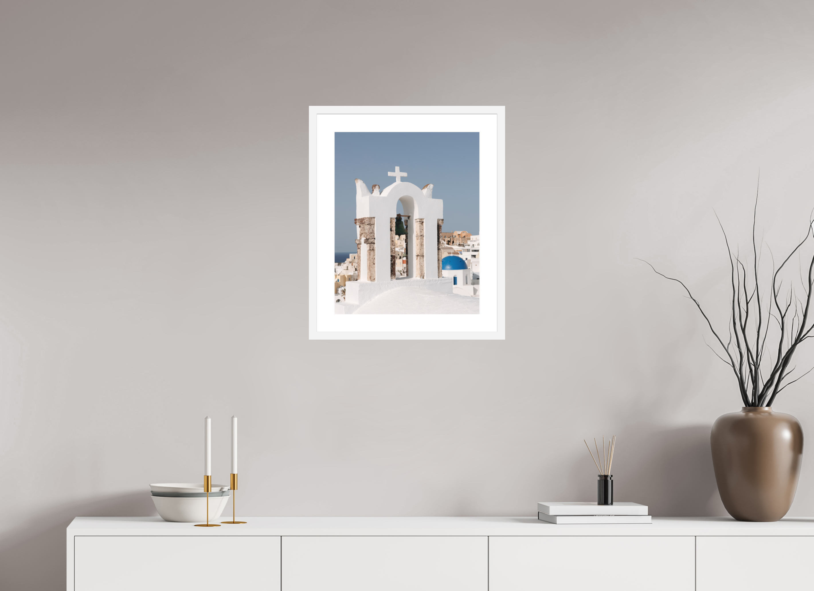 40 x 50 cm, Framed Fine Art Print – White Frame Bell Tower & Blue Dome | Santorini Fine Art Print
