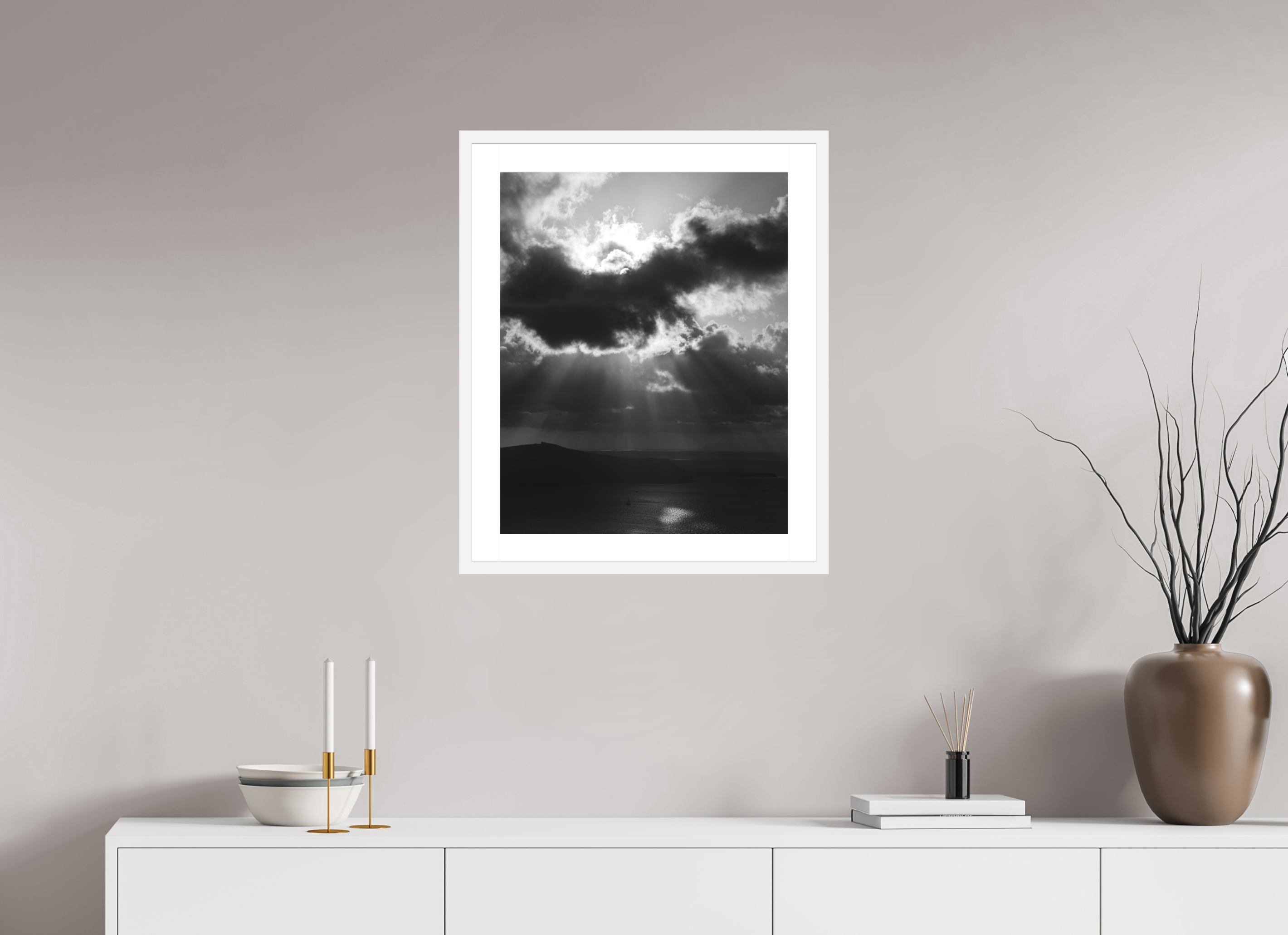 50 x 62.5 cm, Framed Fine Art Print – White Frame Before the Storm | Black & White Santorini Fine Art Print