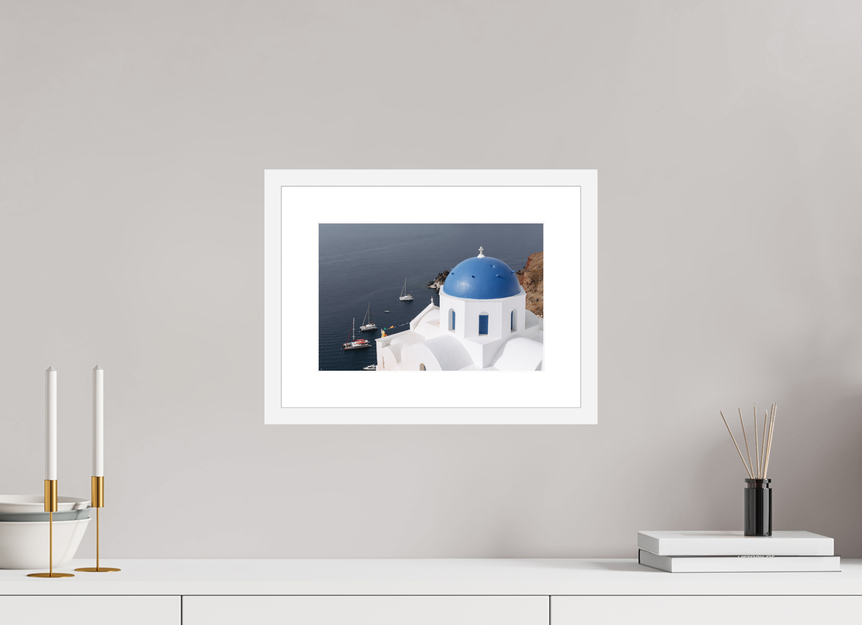 30 x 20 cm, Framed Fine Art Print – Black Frame Blue Dome & Sailboats | Santorini Fine Art Print