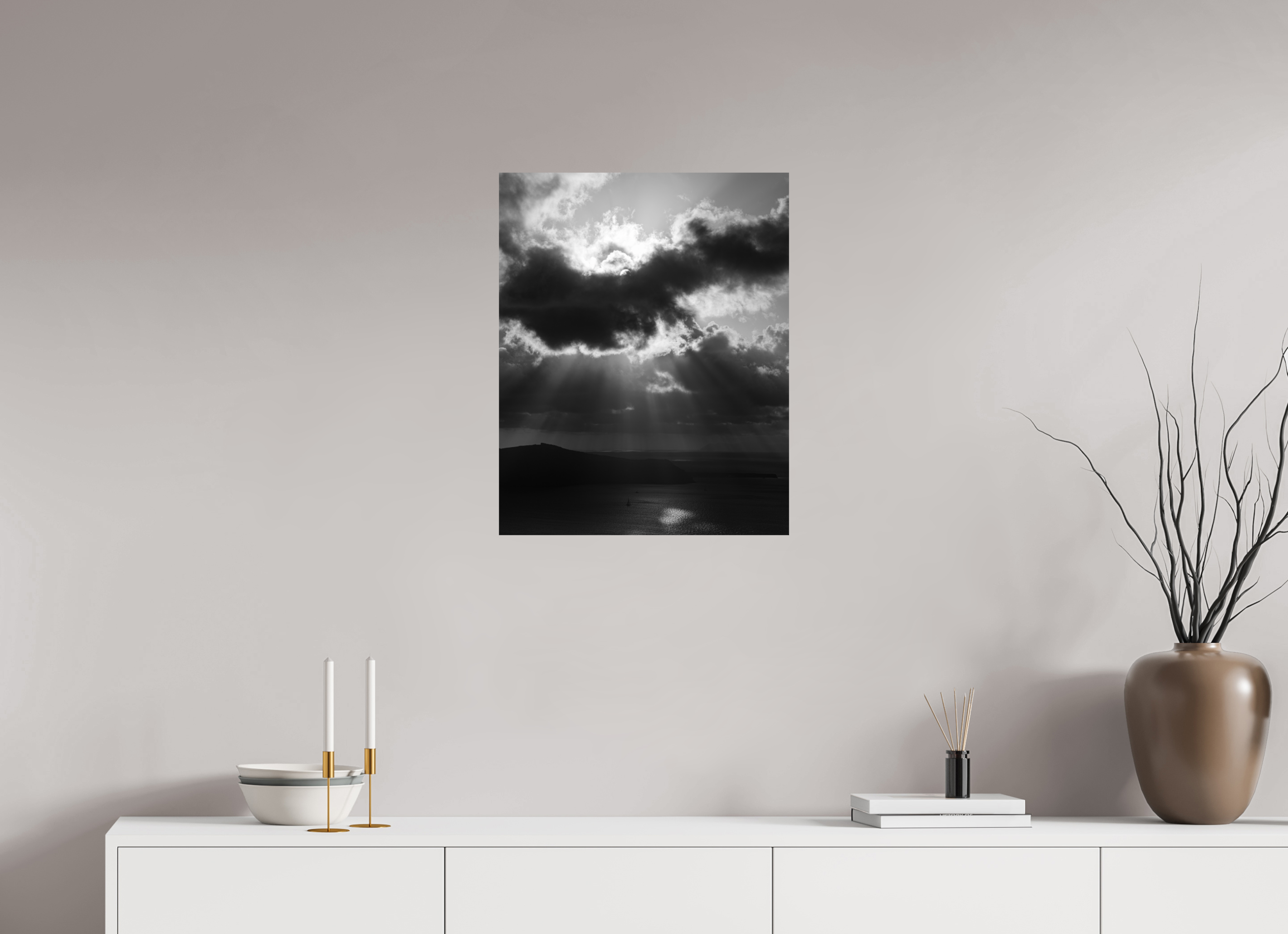 50 x 62.5 cm, Fine Art Print – Classic Before the Storm | Black & White Santorini Fine Art Print