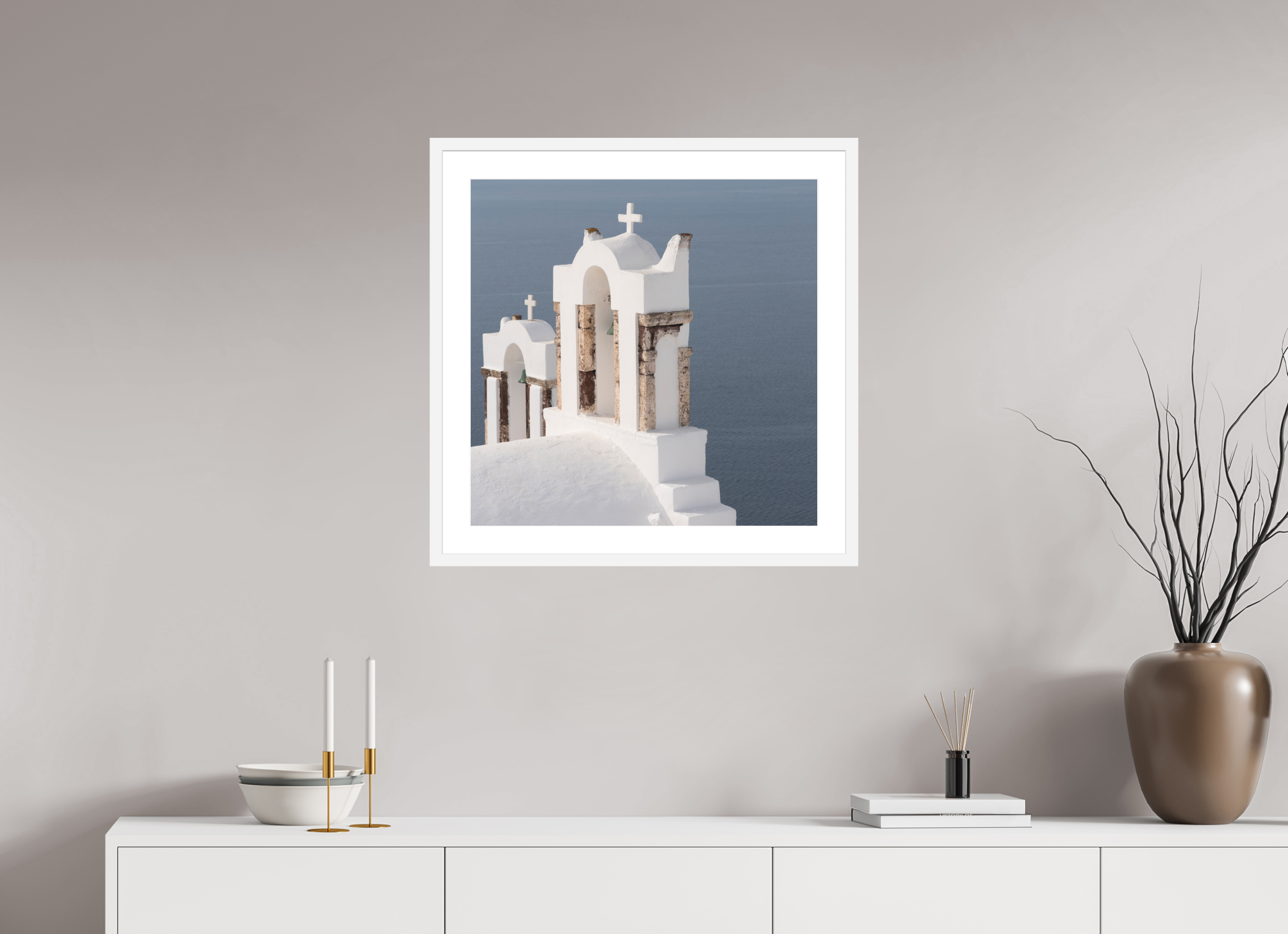 60 x 60 cm, Framed Fine Art Print – White Frame Bells Above the Aegean