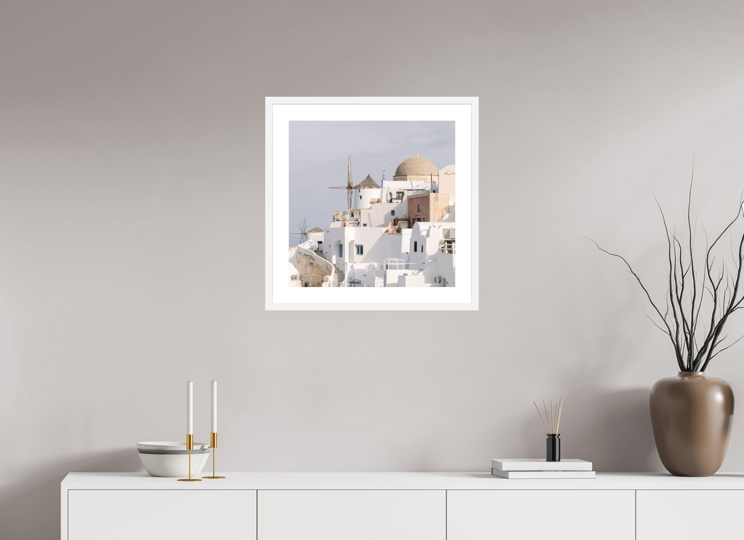 50 x 50 cm, Framed Fine Art Print – White Frame Above Oia