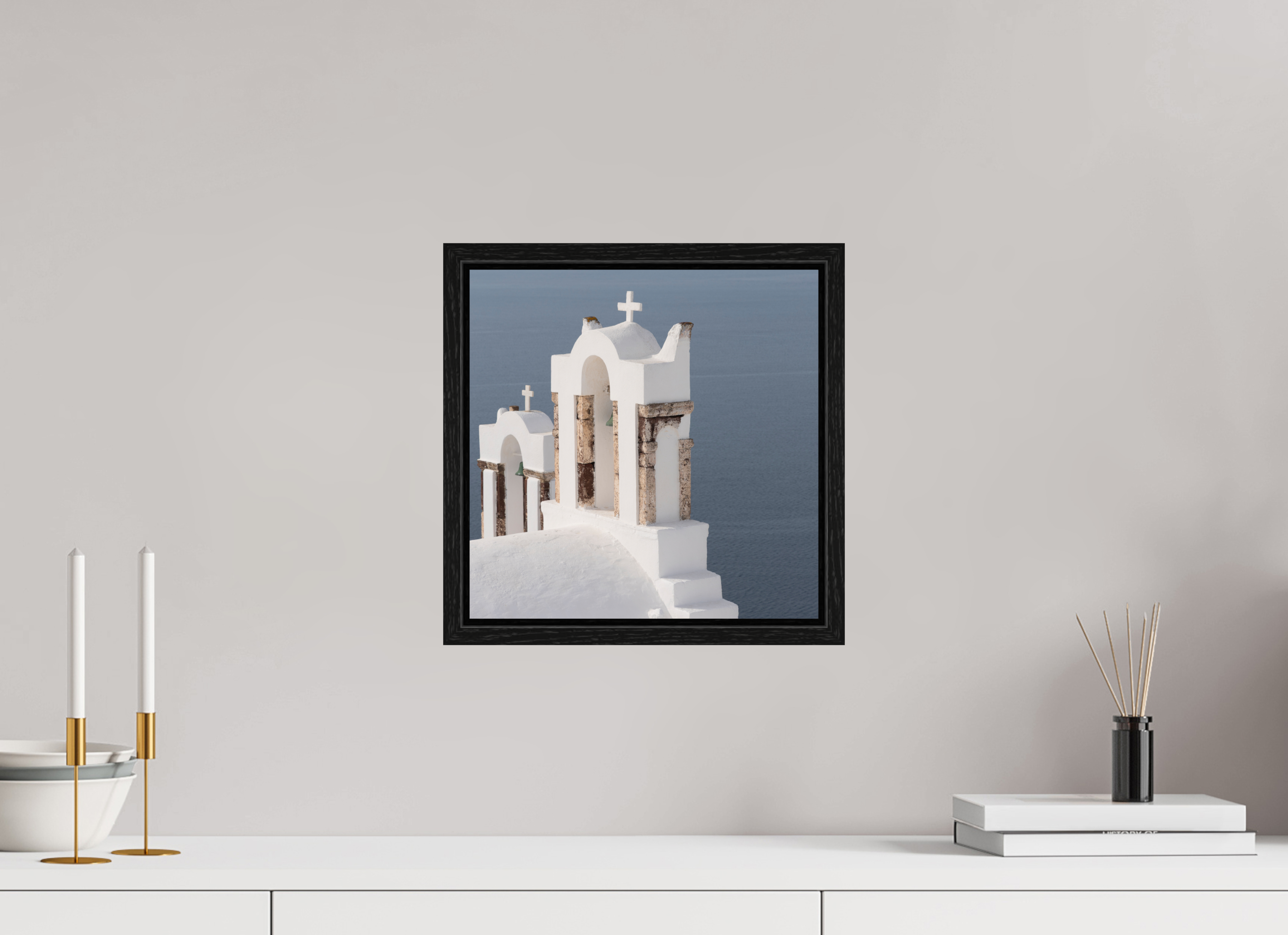 30 x 30 cm, Black Oak Floater Frame Bells Above the Aegean