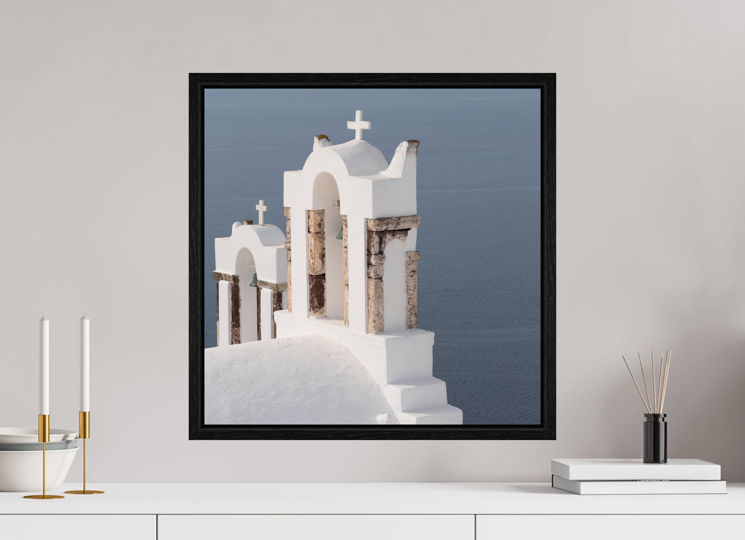 50 x 50 cm, Black Oak Floater Frame Bells Above the Aegean