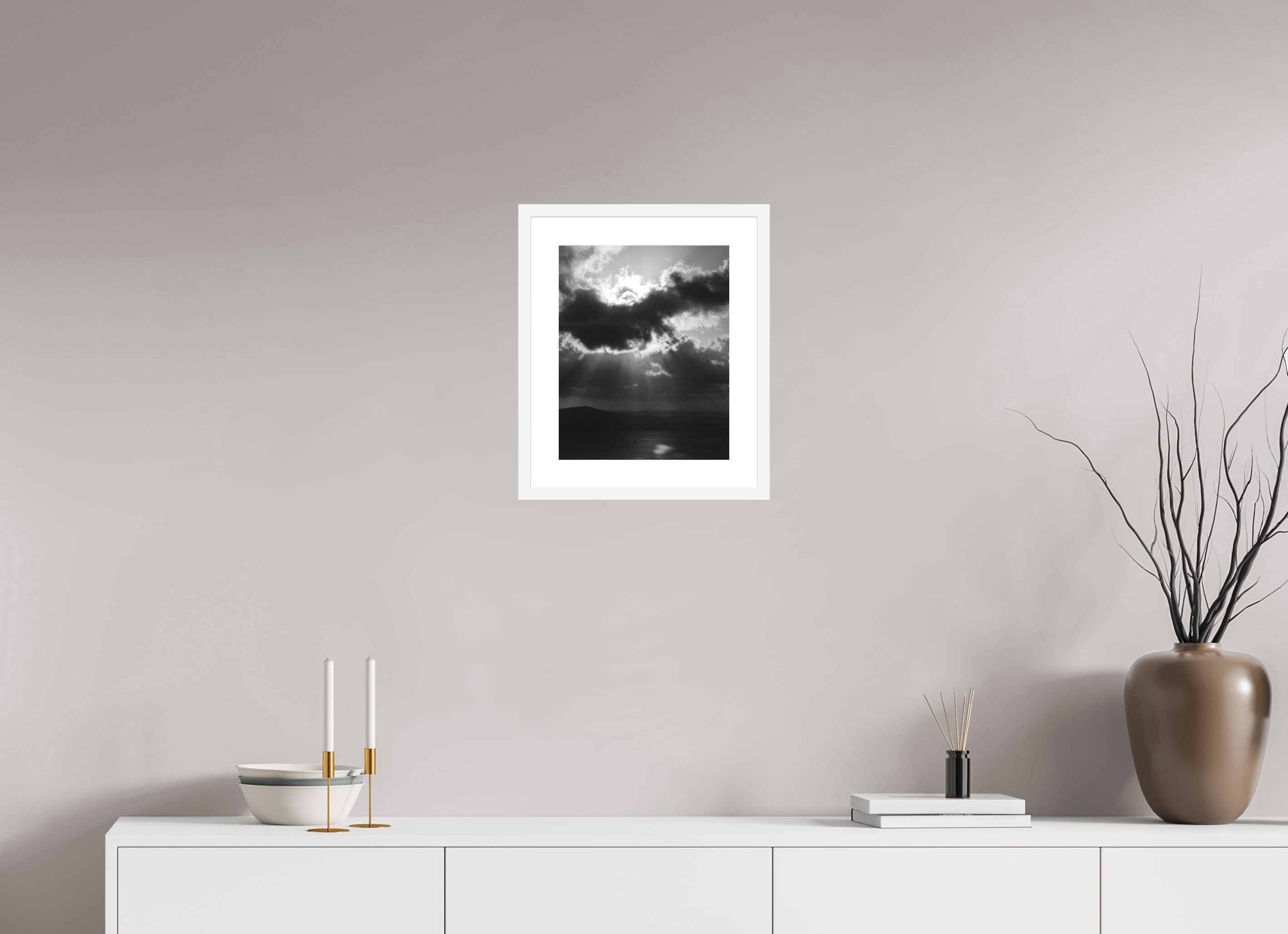 30 x 37.5 cm, Framed Fine Art Print – Black Frame Before the Storm | Black & White Santorini Fine Art Print