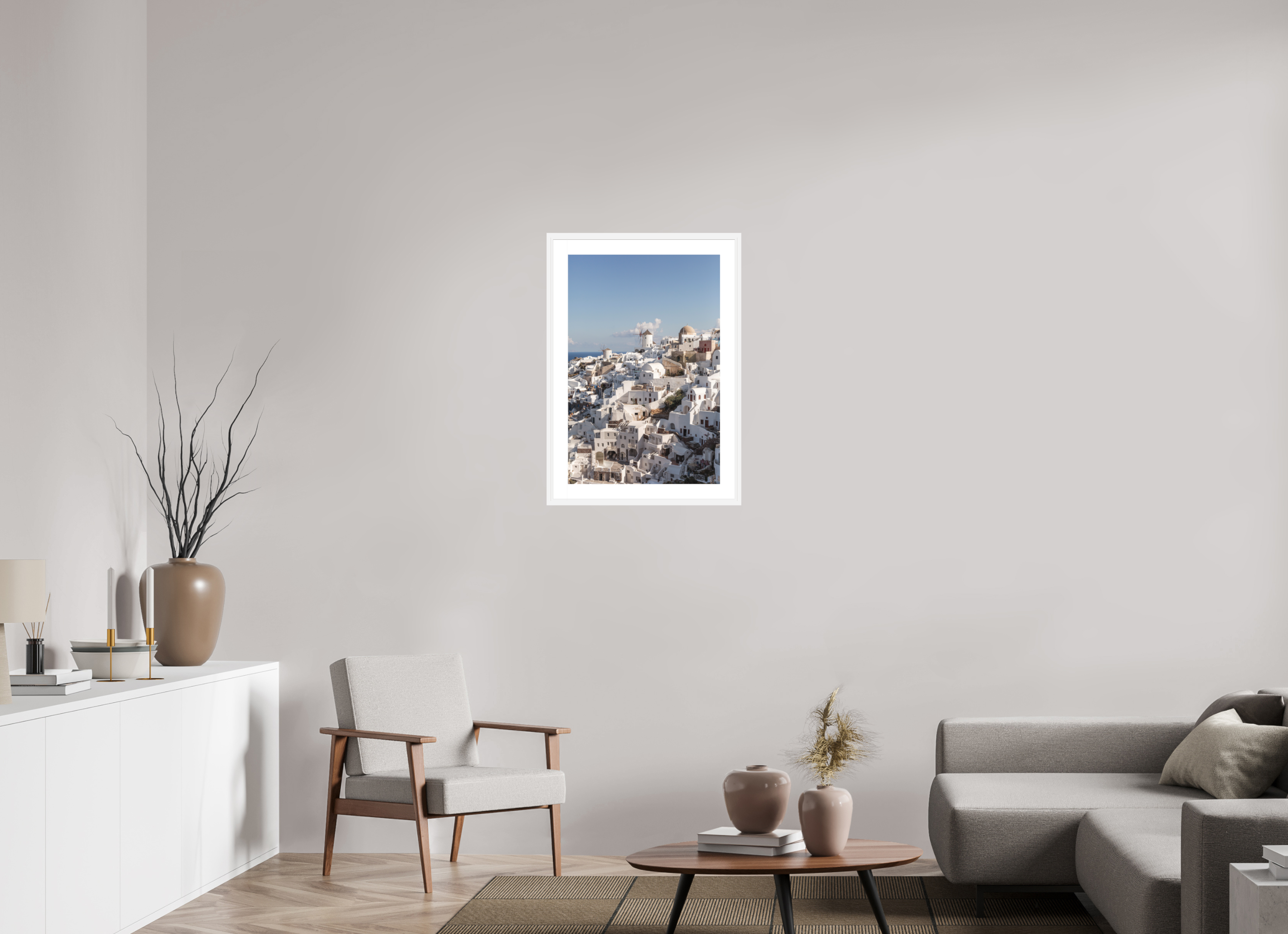 50 x 75 cm, Framed Fine Art Print – White Frame Oia Windmills Panorama | Santorini Fine Art Print