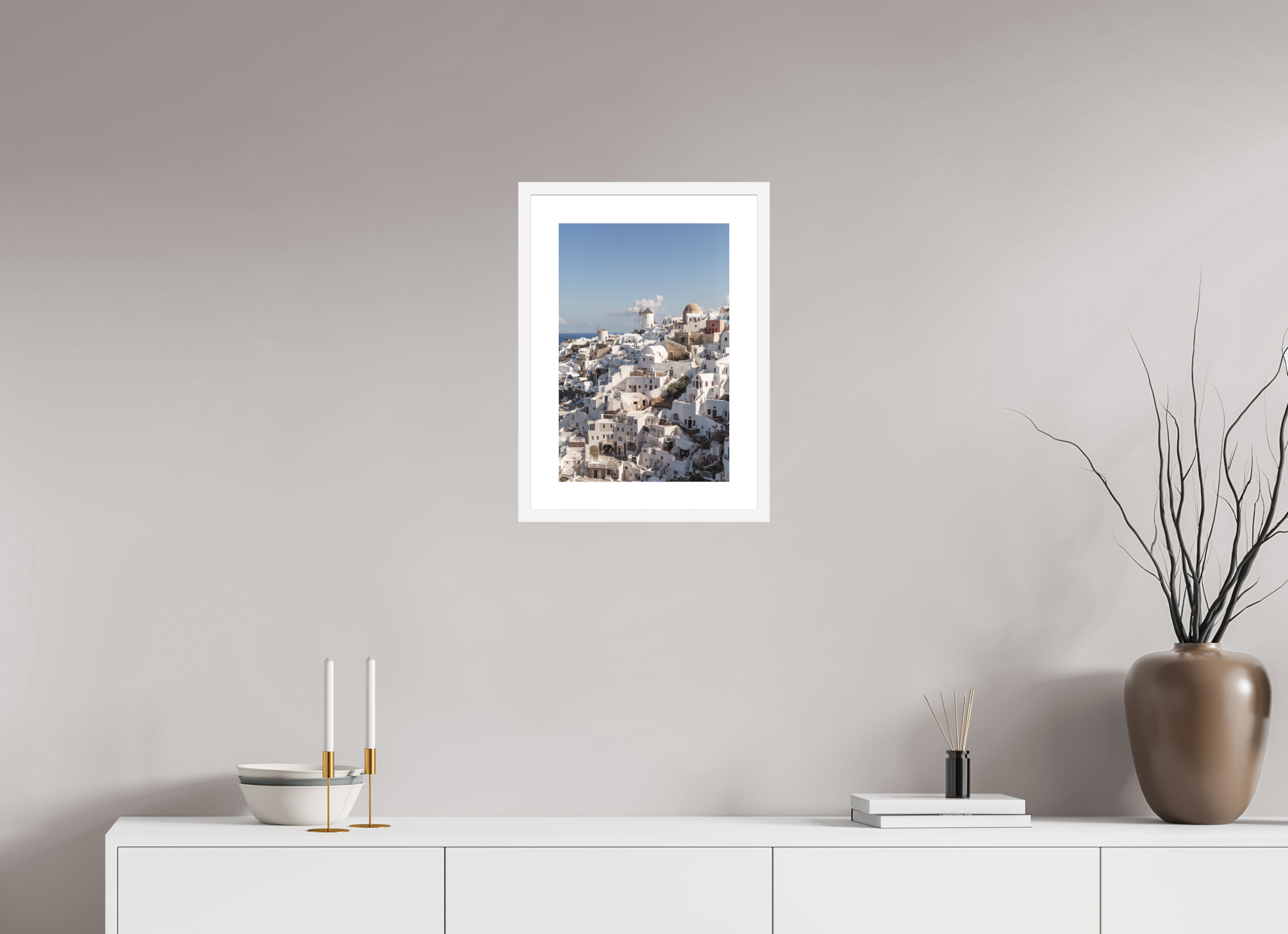 30 x 45 cm, Framed Fine Art Print – White Frame Oia Windmills Panorama | Santorini Fine Art Print