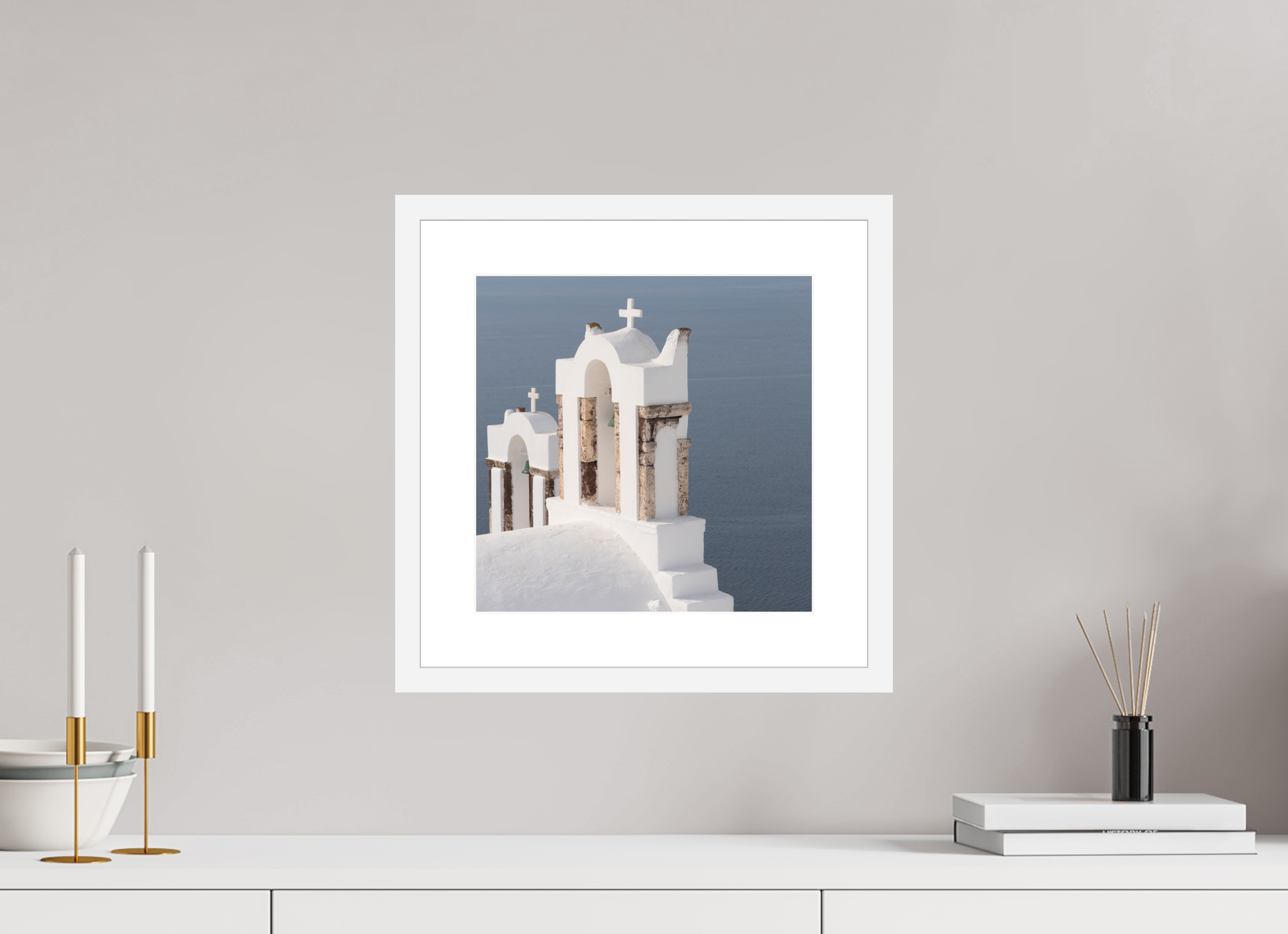 30 x 30 cm, Framed Fine Art Print – Black Frame Bells Above the Aegean