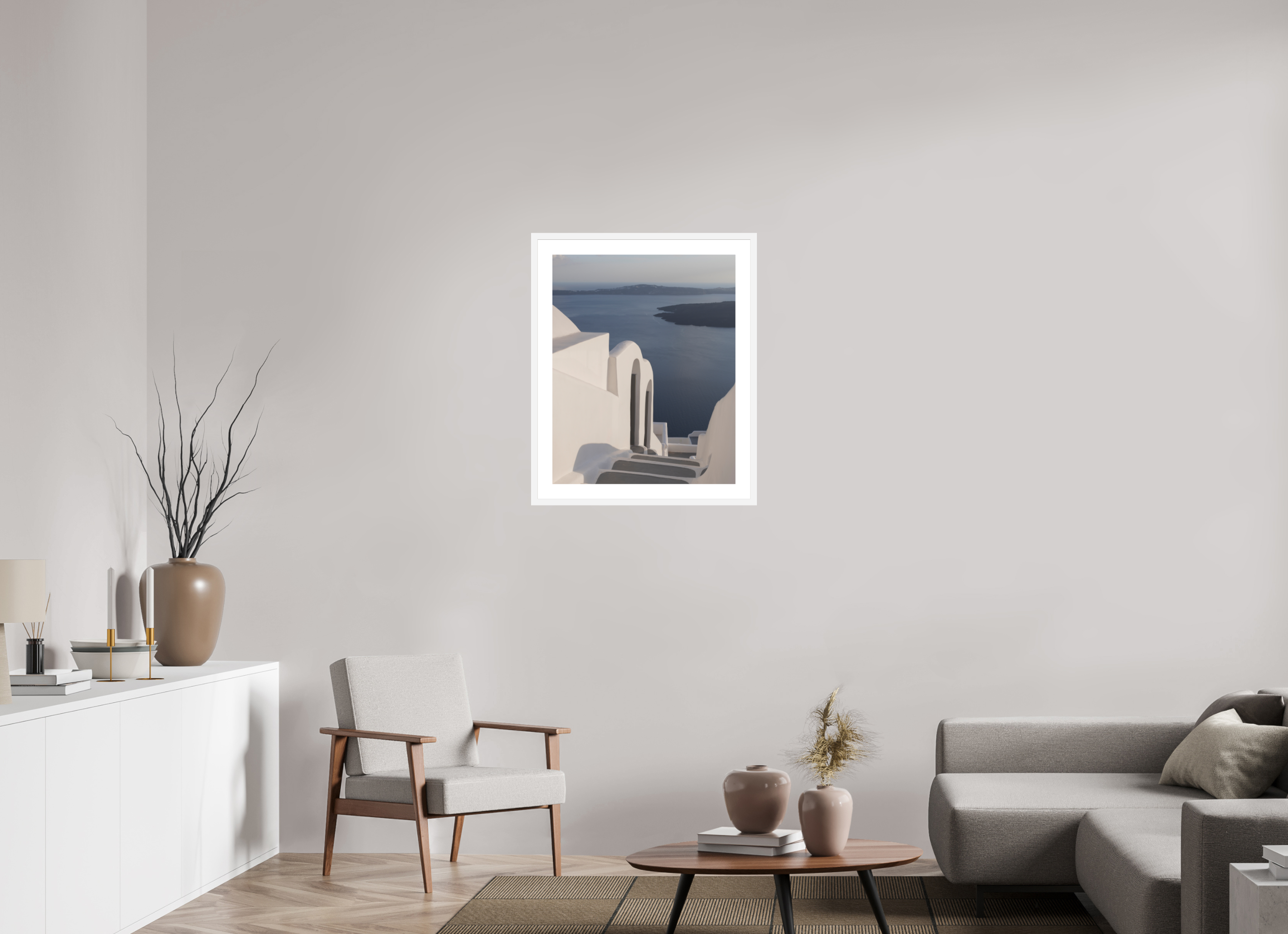 60 x 75 cm, Framed Fine Art Print – White Frame Steps to the Caldera | Santorini Fine Art Print