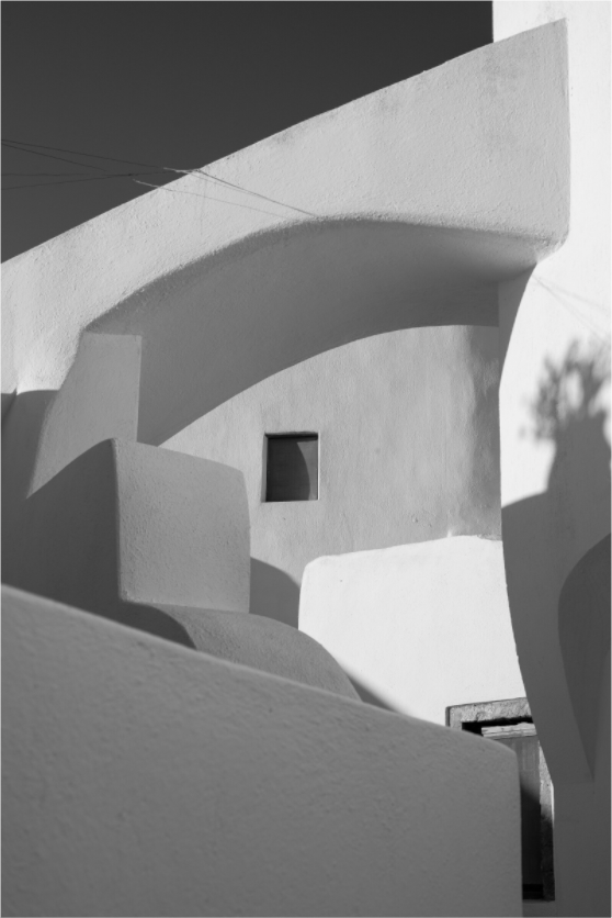 Black and white fine art print of Cycladic architecture in Emborio, Santorini