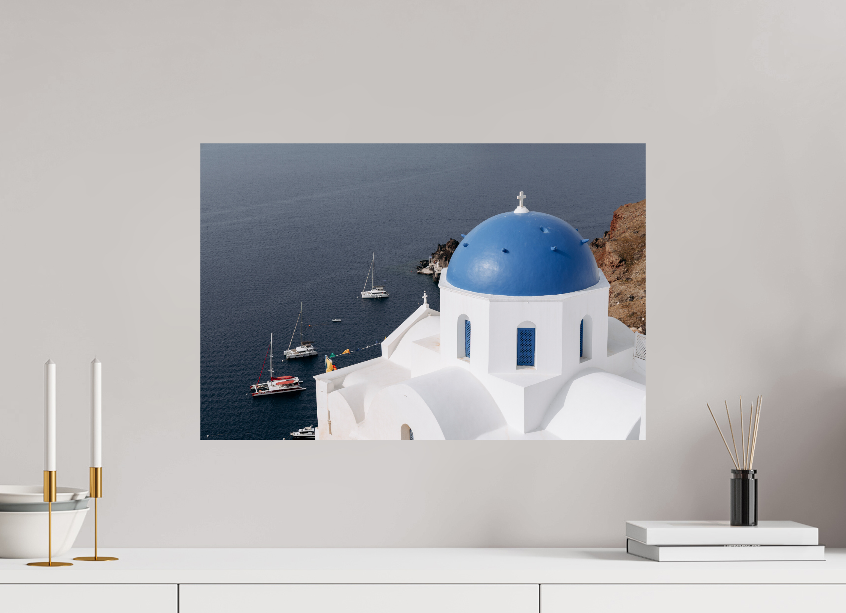 60 x 40 cm, Fine Art Print – Classic Blue Dome & Sailboats | Santorini Fine Art Print