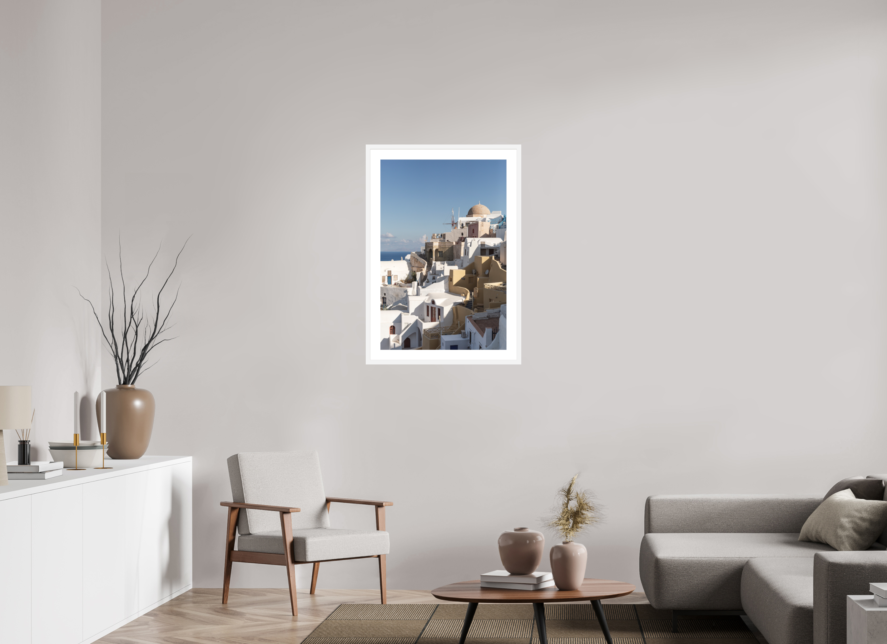 60 x 90 cm, Framed Fine Art Print – White Frame Oia Windmills | Santorini Fine Art Print