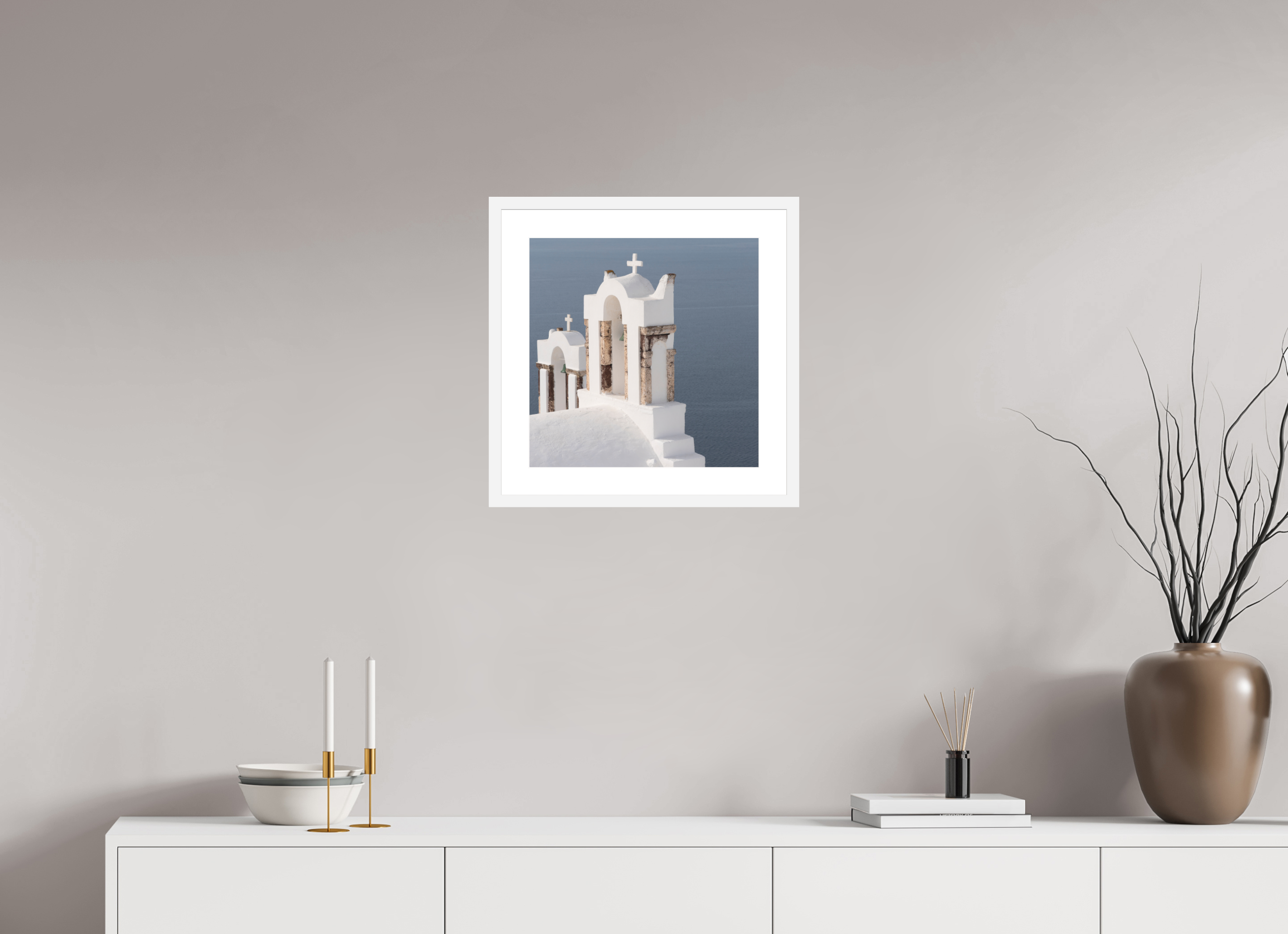 40 x 40 cm, Framed Fine Art Print – White Frame Bells Above the Aegean