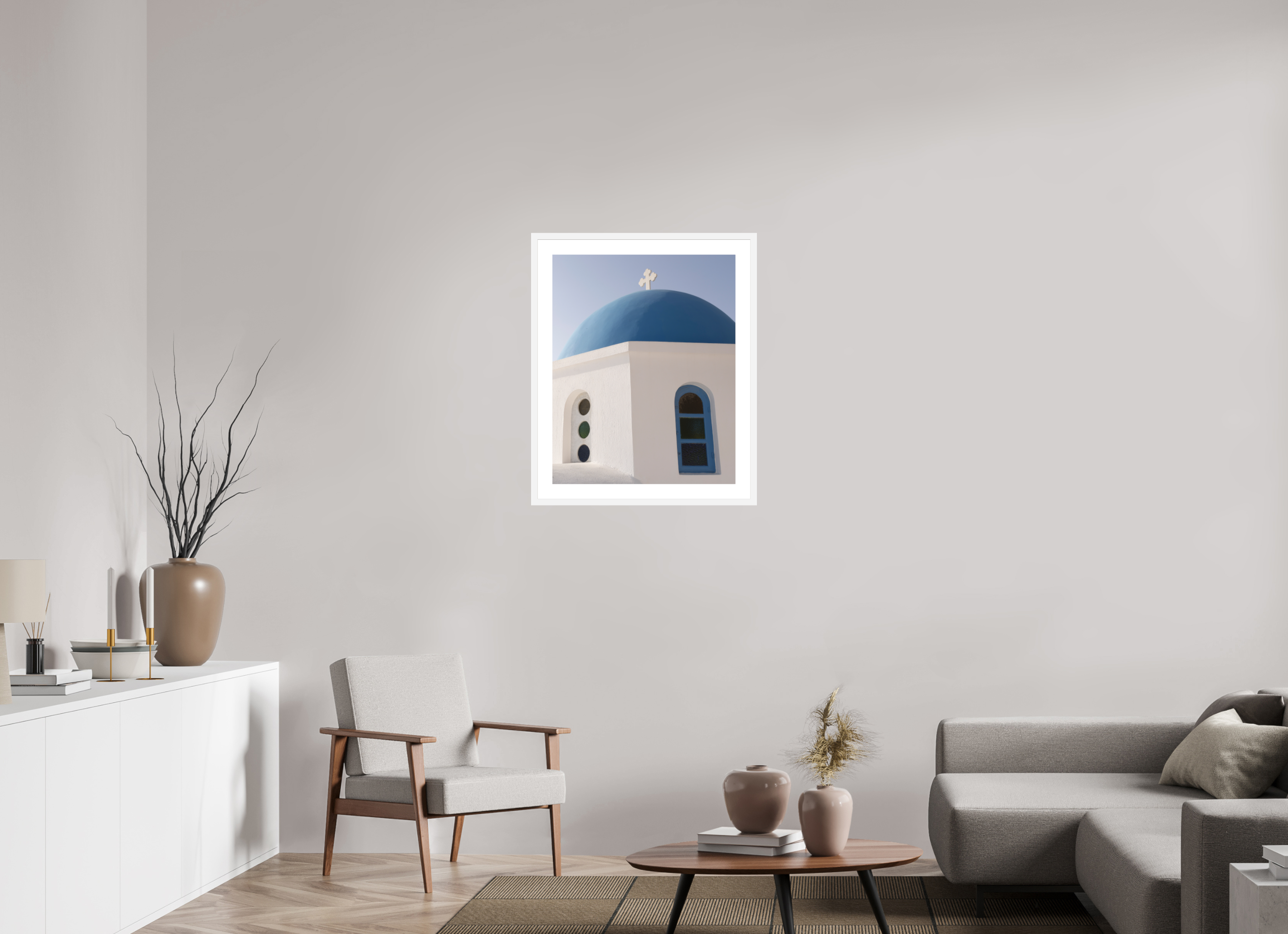 60 x 75 cm, Framed Fine Art Print – White Frame Oia Blue Dome Close-Up | Santorini Fine Art Print