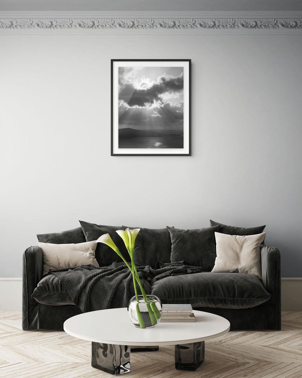 Before the Storm black and white fine art print featuring dramatic storm clouds over the Santorini caldera.