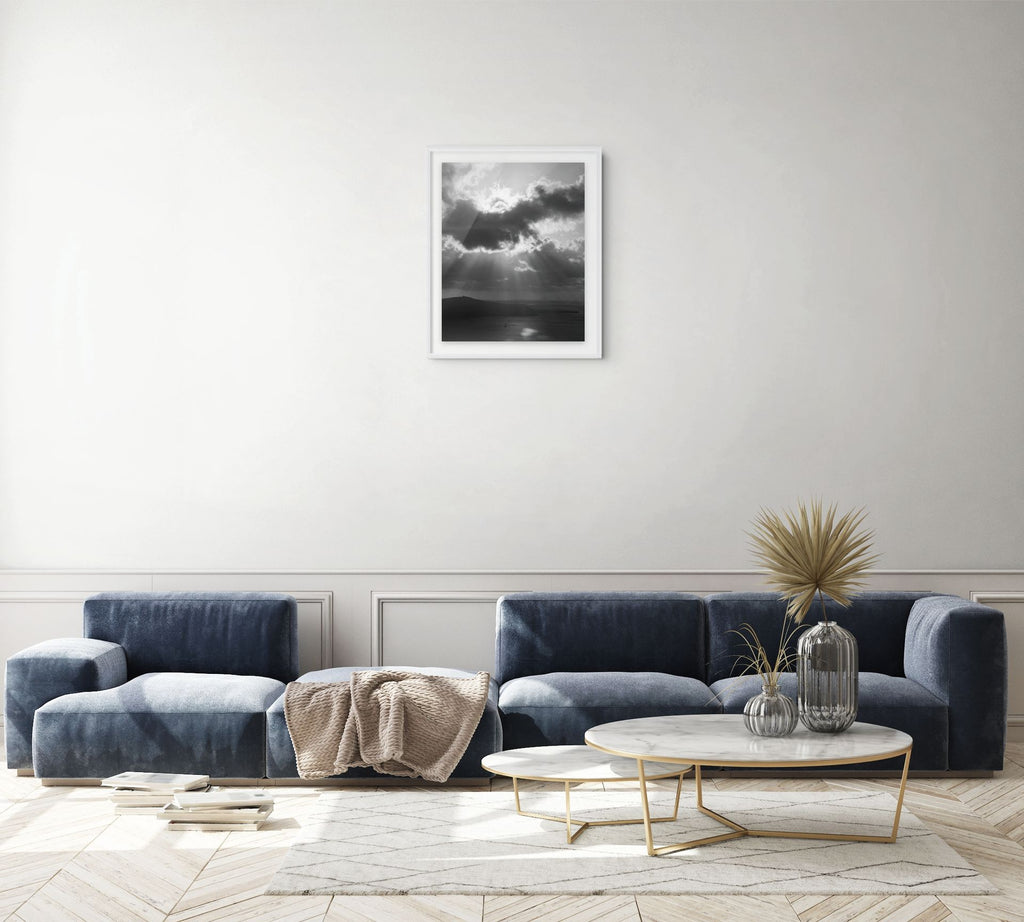 Before the Storm black and white fine art print featuring dramatic storm clouds over the Santorini caldera.