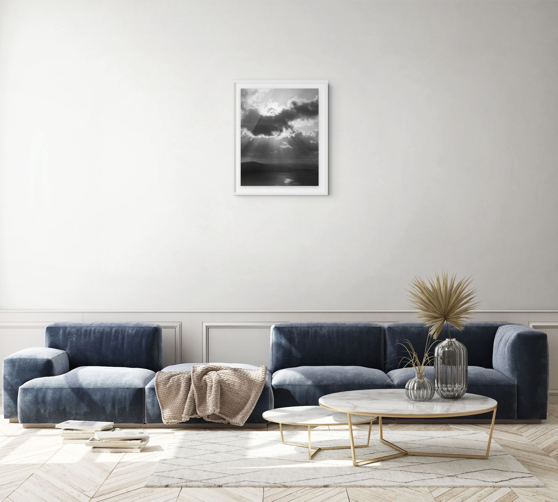 Before the Storm black and white fine art print featuring dramatic storm clouds over the Santorini caldera.