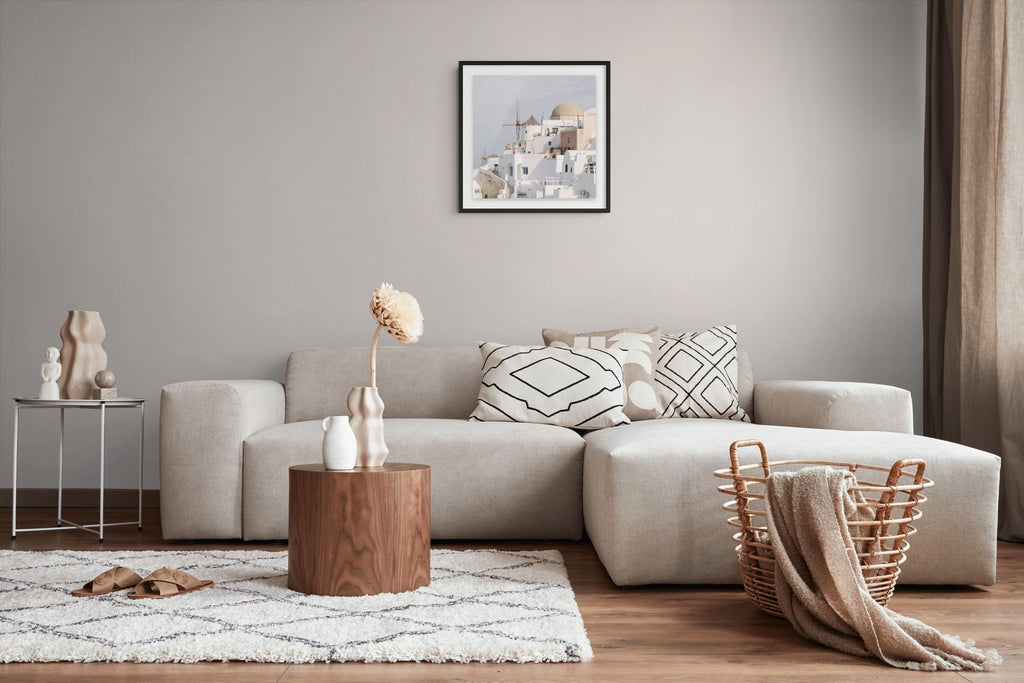 Whitewashed rooftops, windmills and traditional architecture in Oia, Santorini fine art print
