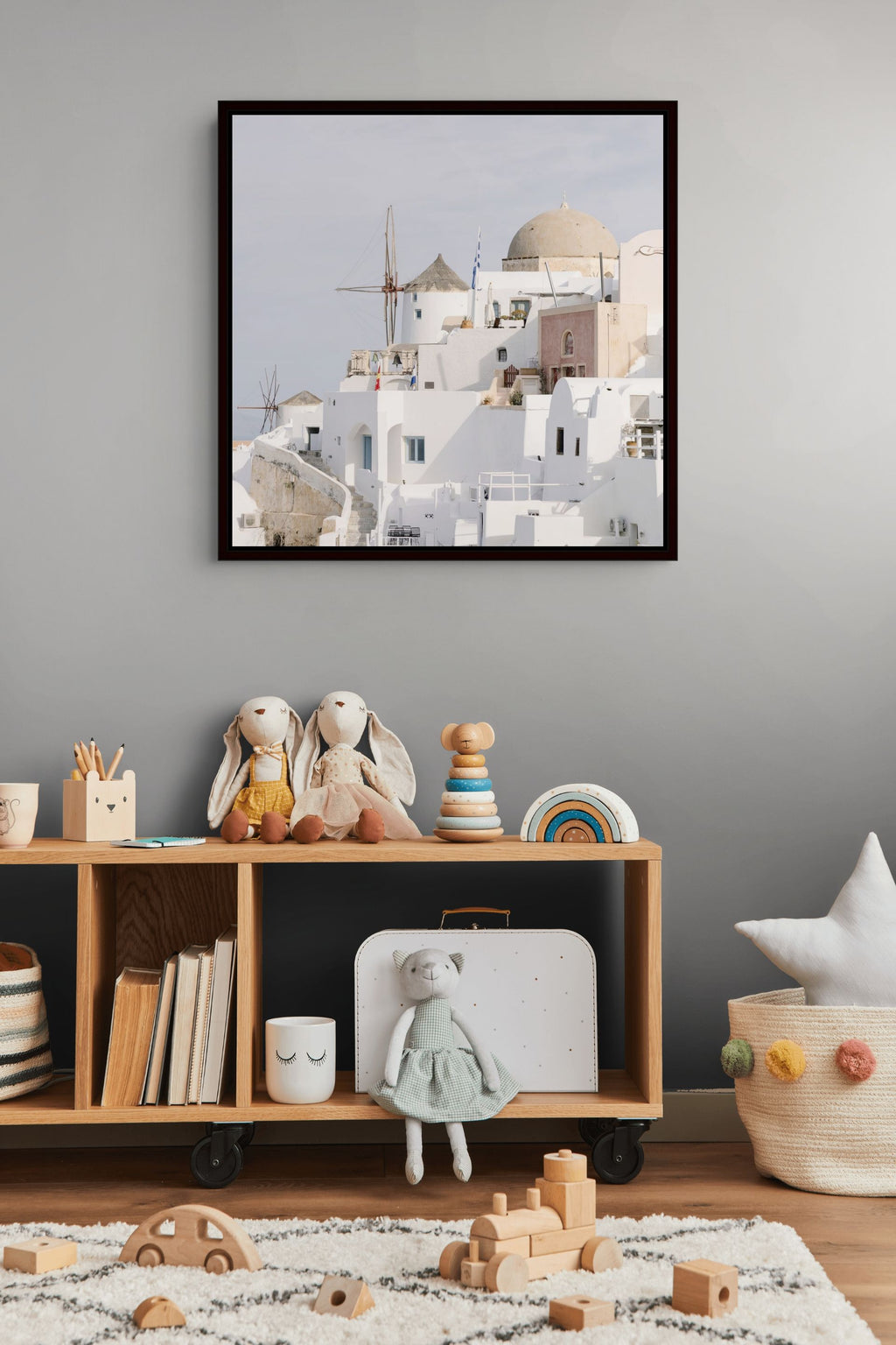 Whitewashed rooftops, windmills and traditional architecture in Oia, Santorini fine art print