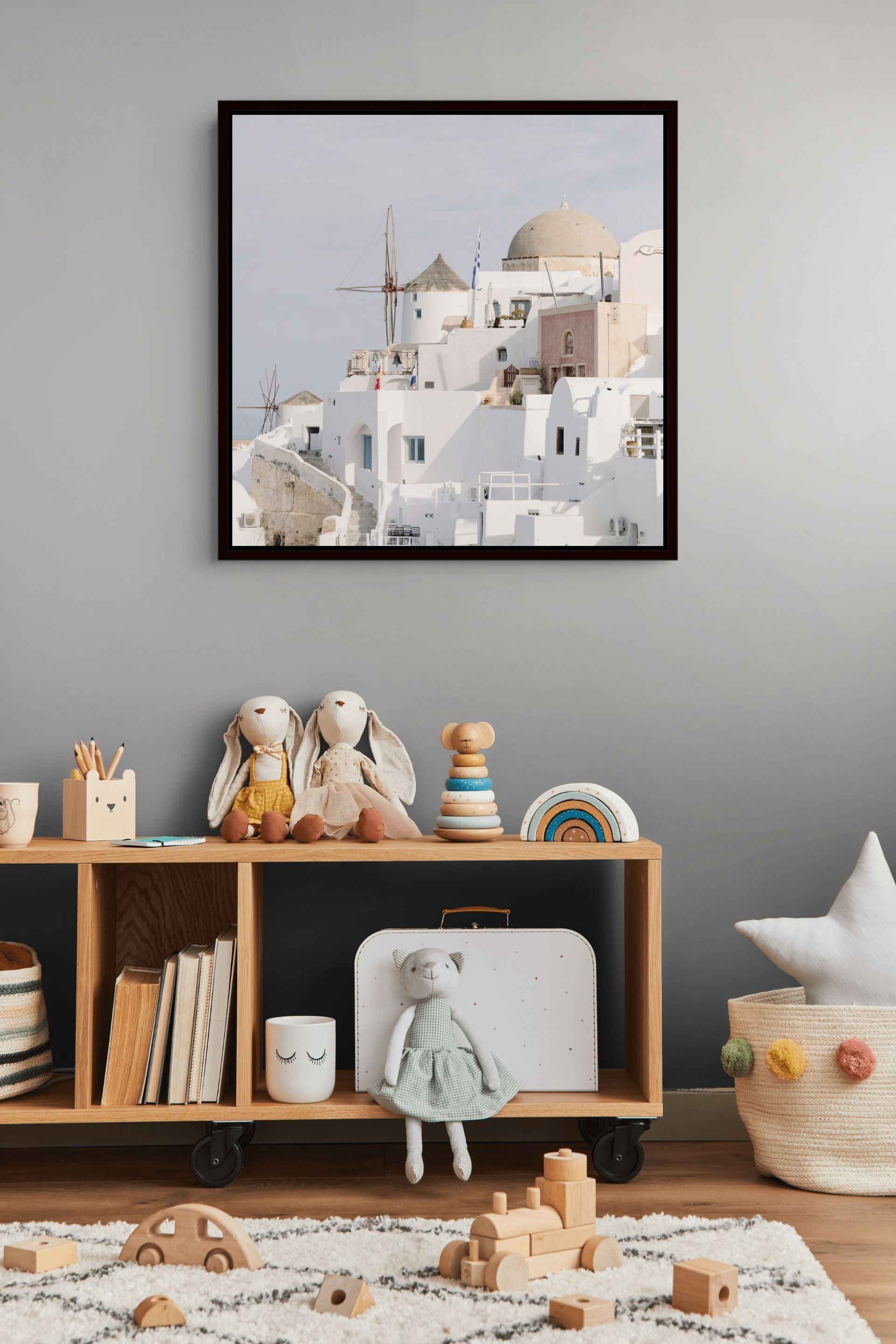 Whitewashed rooftops, windmills and traditional architecture in Oia, Santorini fine art print