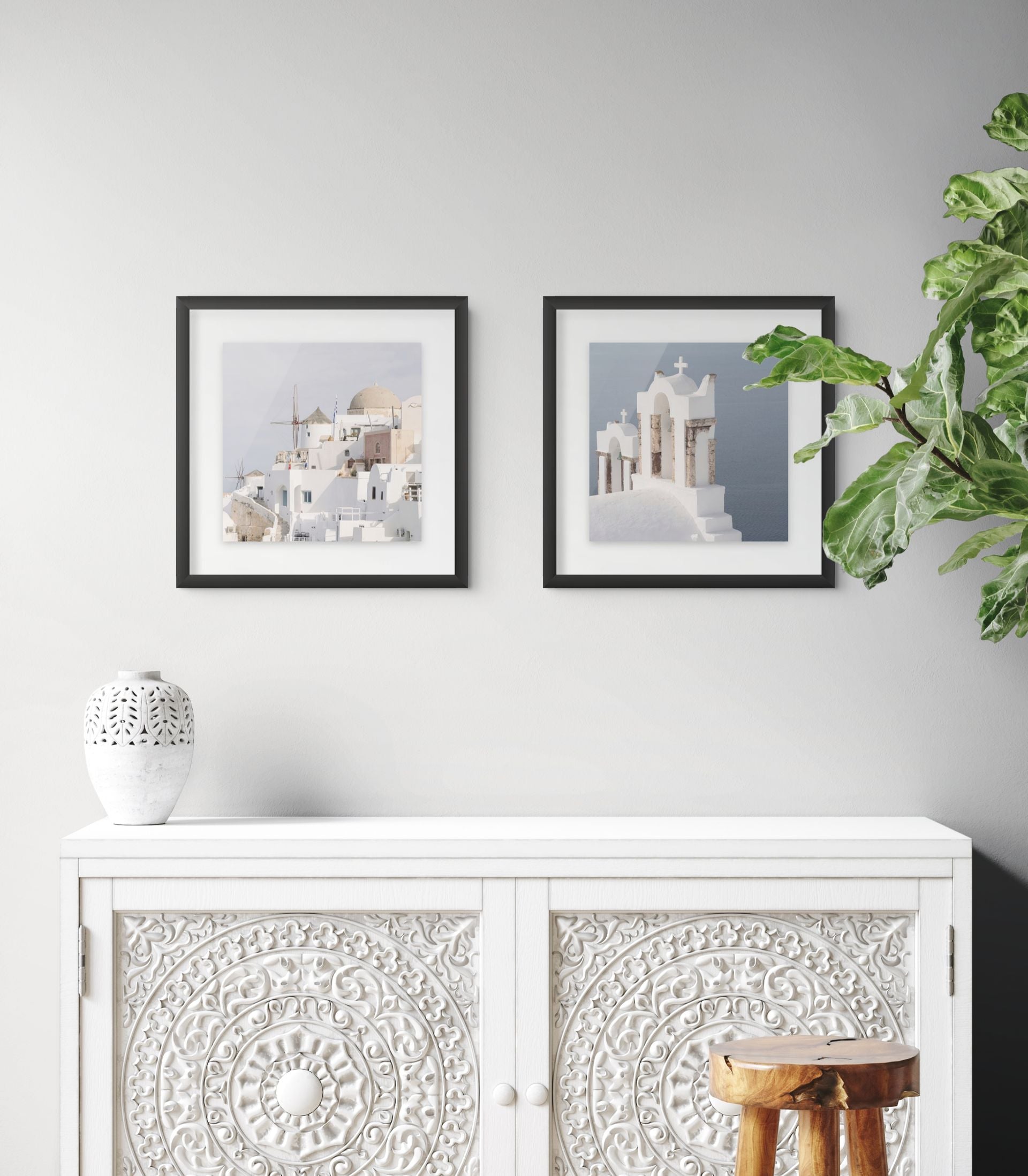 White bell towers overlooking the Aegean Sea in Oia, Santorini fine art print