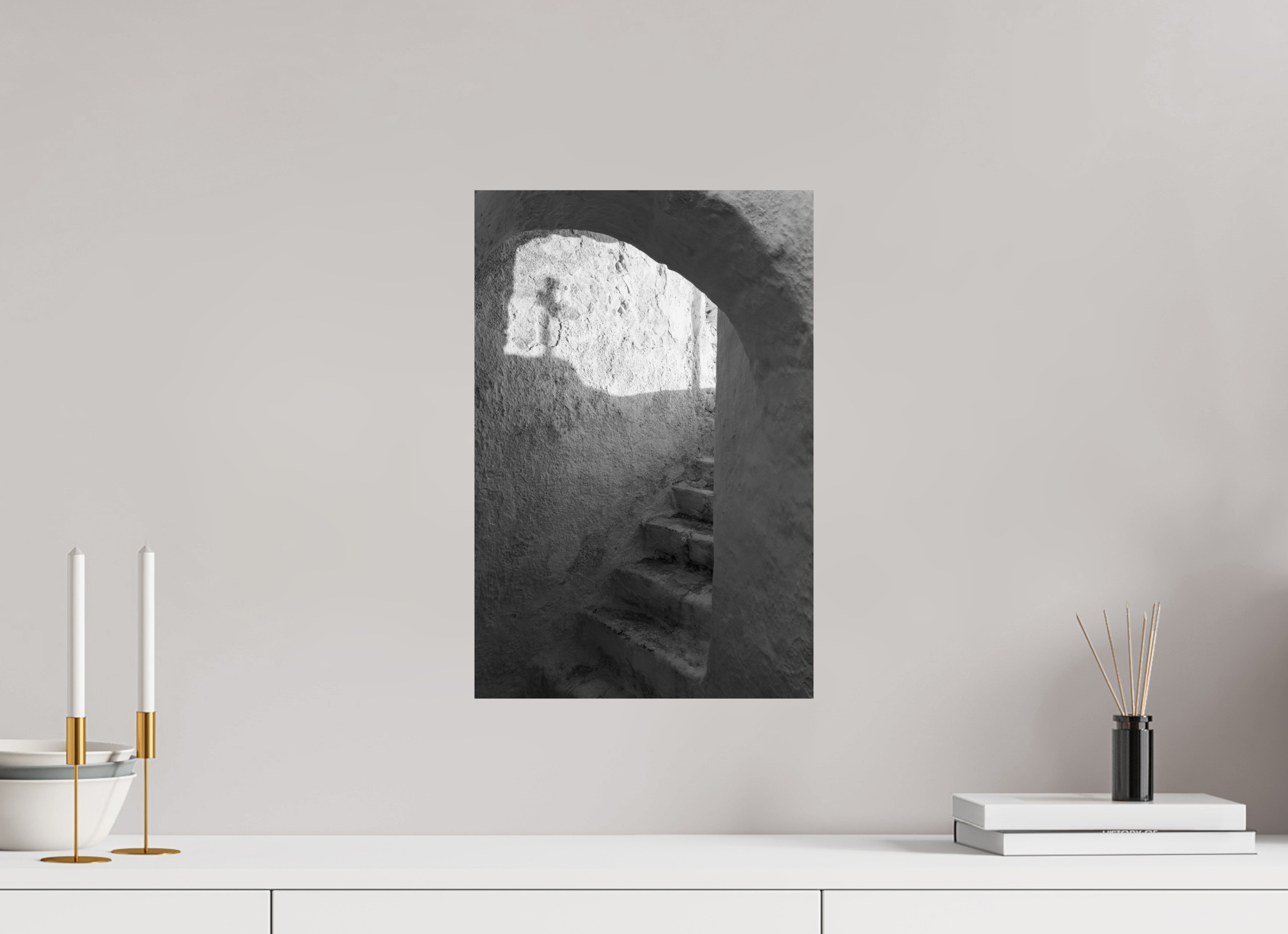 Close-up of The Passage black and white Santorini fine art print in a minimalist interior. 30 x 45 cm, Fine Art Print – Classic The Passage