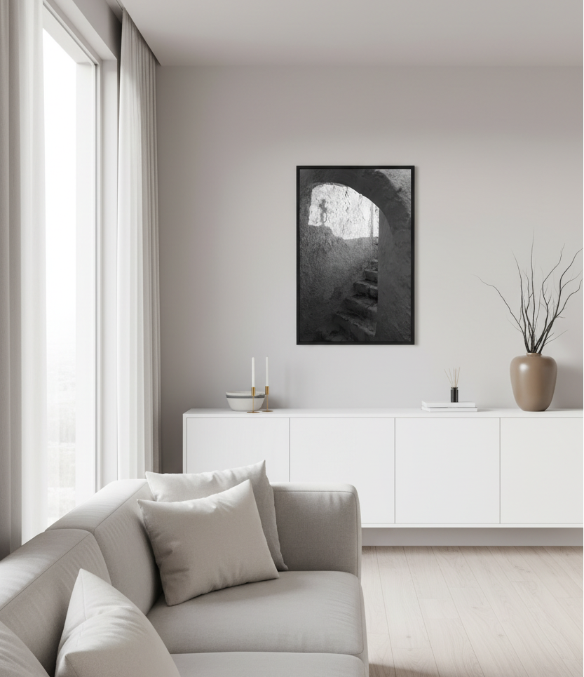 The Passage fine art print displayed in a bright modern living room with a neutral interior. 60 x 90 cm, Photo Print Under Acrylic Glass 